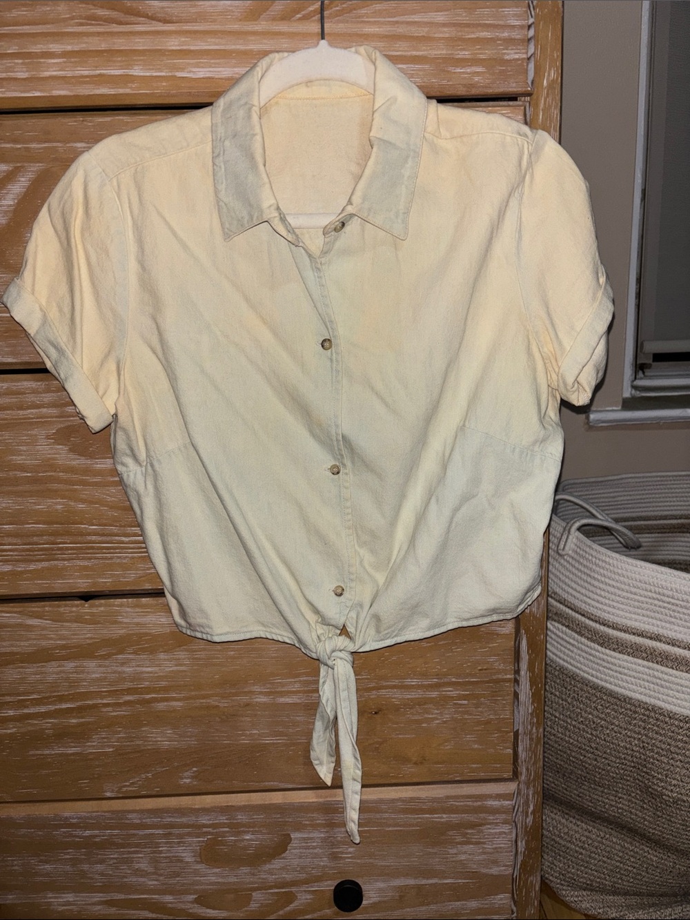 American Apparel Cream Tie-Front Short Sleeve Button-Down